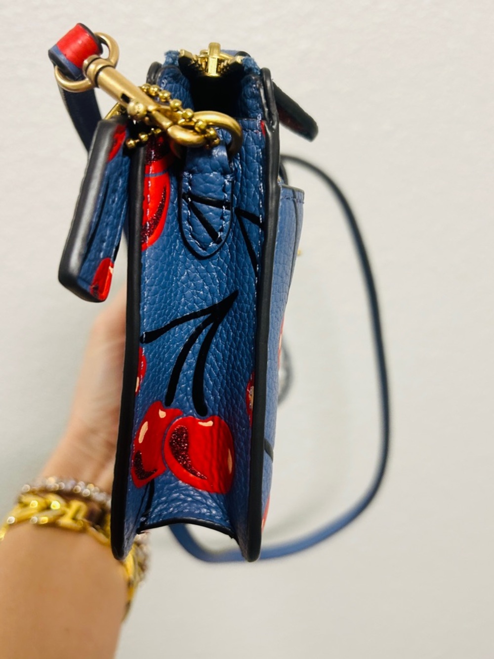 Coach Cherry Print Blue Crossbody Wallet Bag 8 inches New - Picture 6 of 12